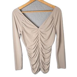 GUESS Taupe Ruched V Neck Long Sleeve Fitted Top Large Back Zip